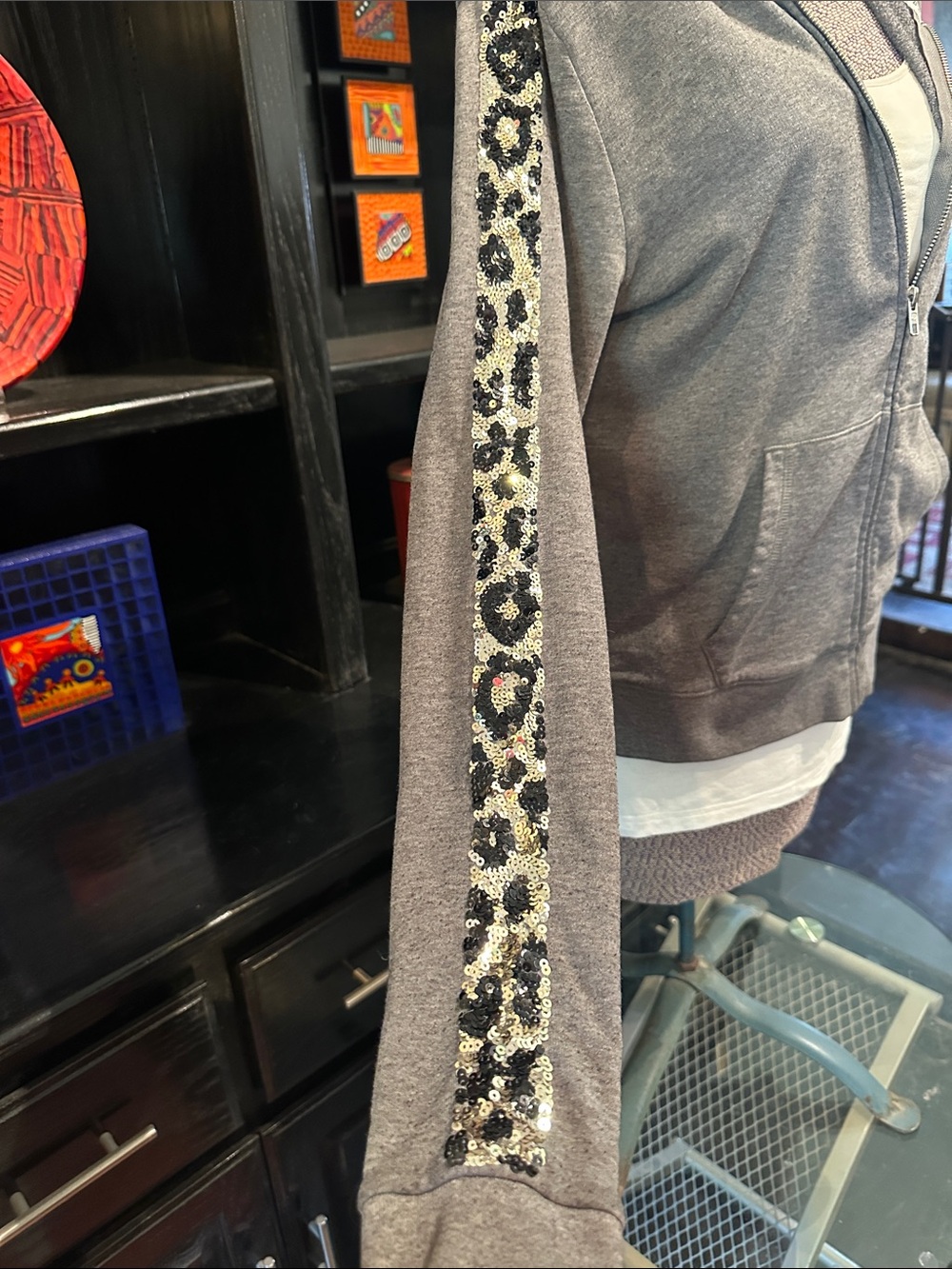 PINK Victoria's Secret Gray Zip Hoodie with Leopard Sequin Stripe - Picture 2 of 7